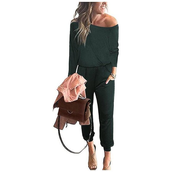 Women's Casual Long Sleeve Jumpsuit Crewneck One Off Shoulder Deep Green